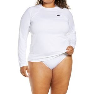 Nike Plus Size White Solid Essential Long-Sleeve Rash Guard Women's Swimsuit 2XL